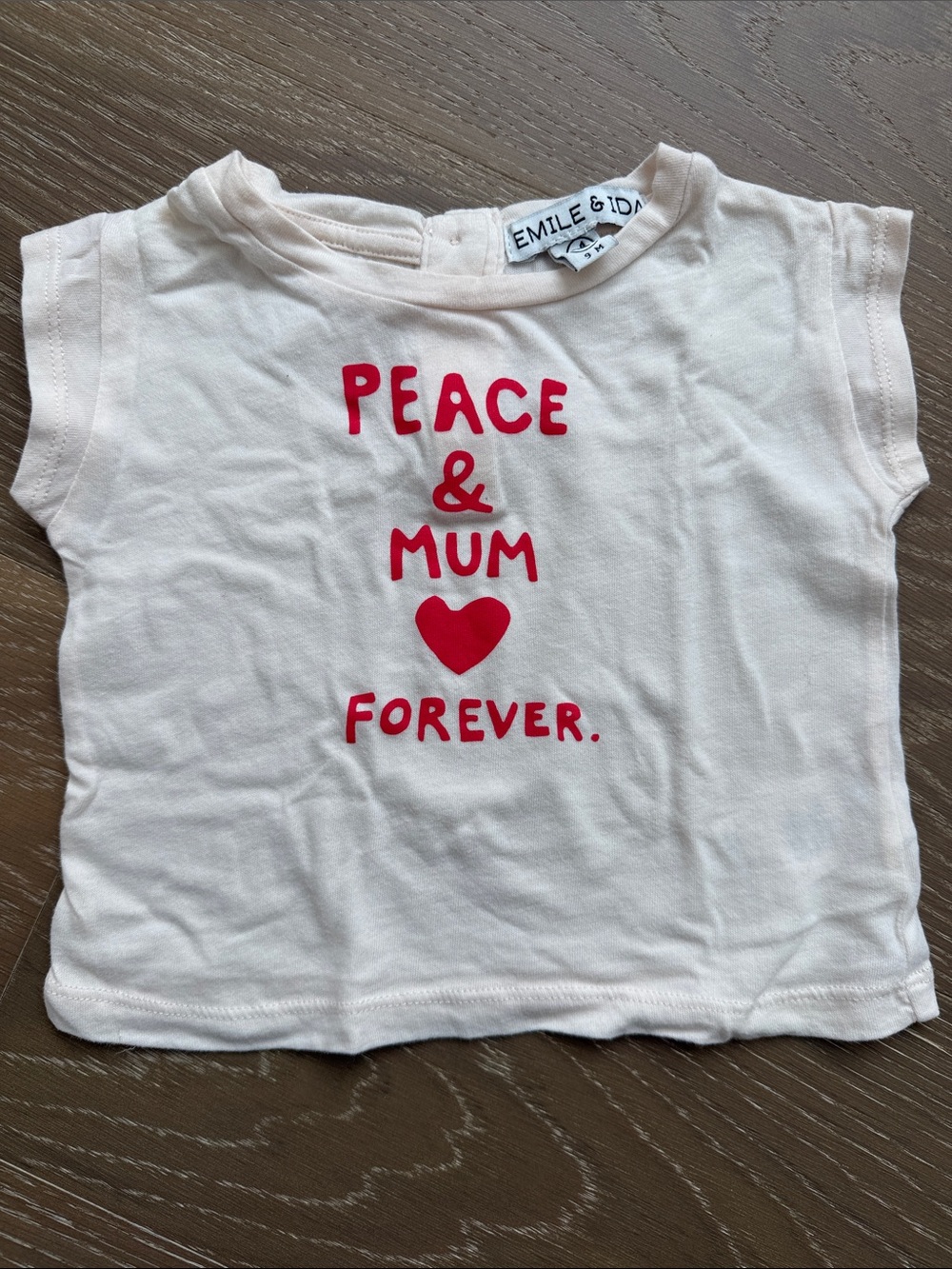 Light Pink Kids Tee with Red Print - 'Peace & Mum'